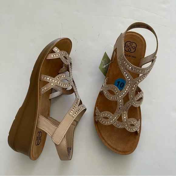 Daisy Fuentes Tan Rhinestone Crystal Embellished Strappy Wedge Sandals - Picture 8 of 10